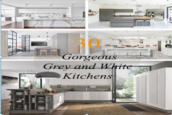 پاورپوینت 30 نمونه دکوراسیون آشپزخانه، با ترکیب رنگی خاکستری و سفید